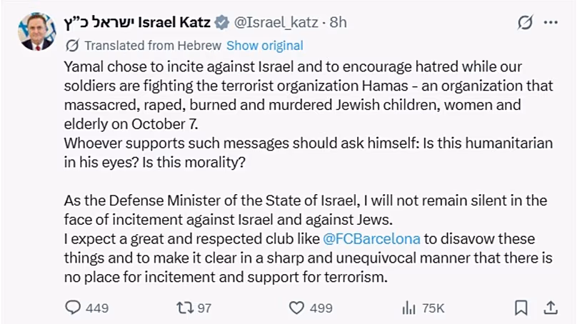 Screenshot of a translated version of Israel Katz's post