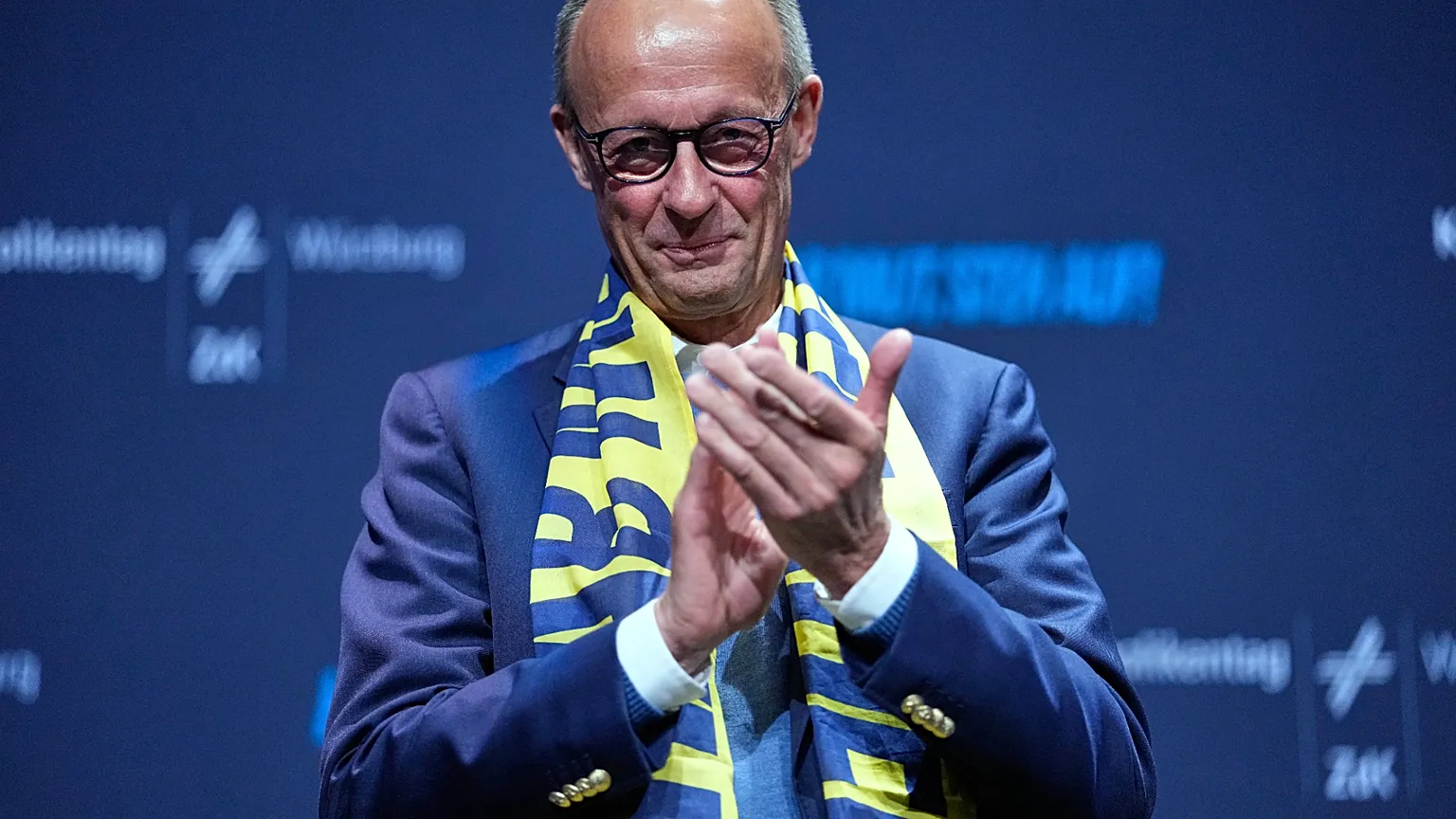 German Chancellor Friedrich Merz takes part in a discussion with young people during the German Catholic Congress in Würzburg on Friday 15 May 2026.