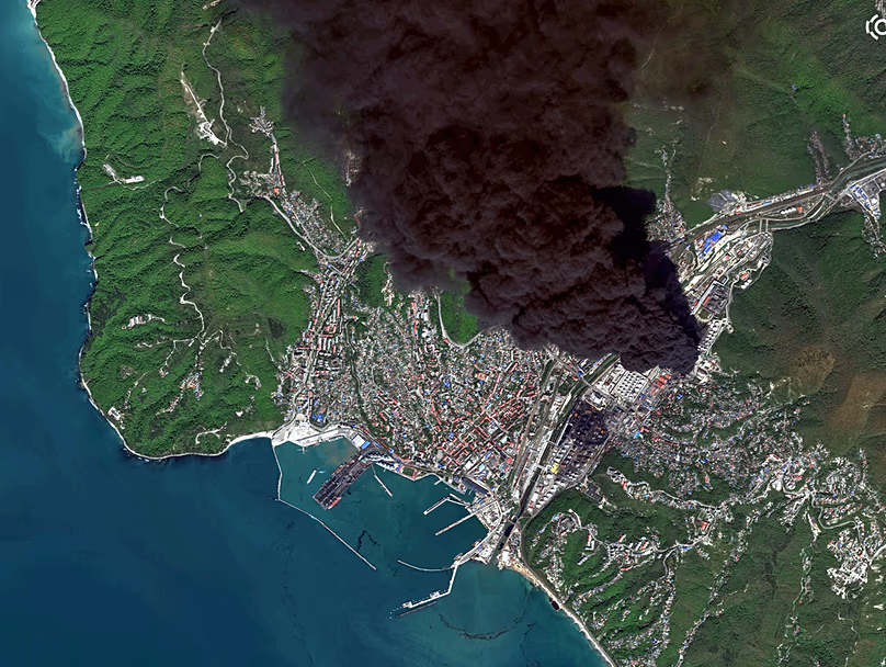 Smoke rising from oil infrastructure in Tuapse in the southern Krasnodar region of Russia after an oil refinery was attacked by Ukrainian drones, April 28, 2026