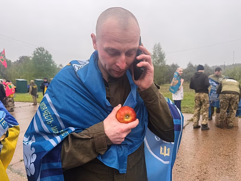 A Ukrainian soldier returning from captivity during a POW exchange between Russia and Ukraine at the border with Belarus, 16 May, 2026