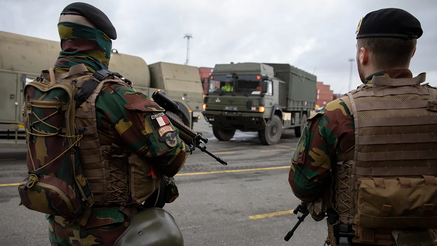 Vehicles arrive from a British naval vessel, taking part in US-led war games, at the Port of Antwerp in Antwerp, Belgium, on 3 February, 2020. 