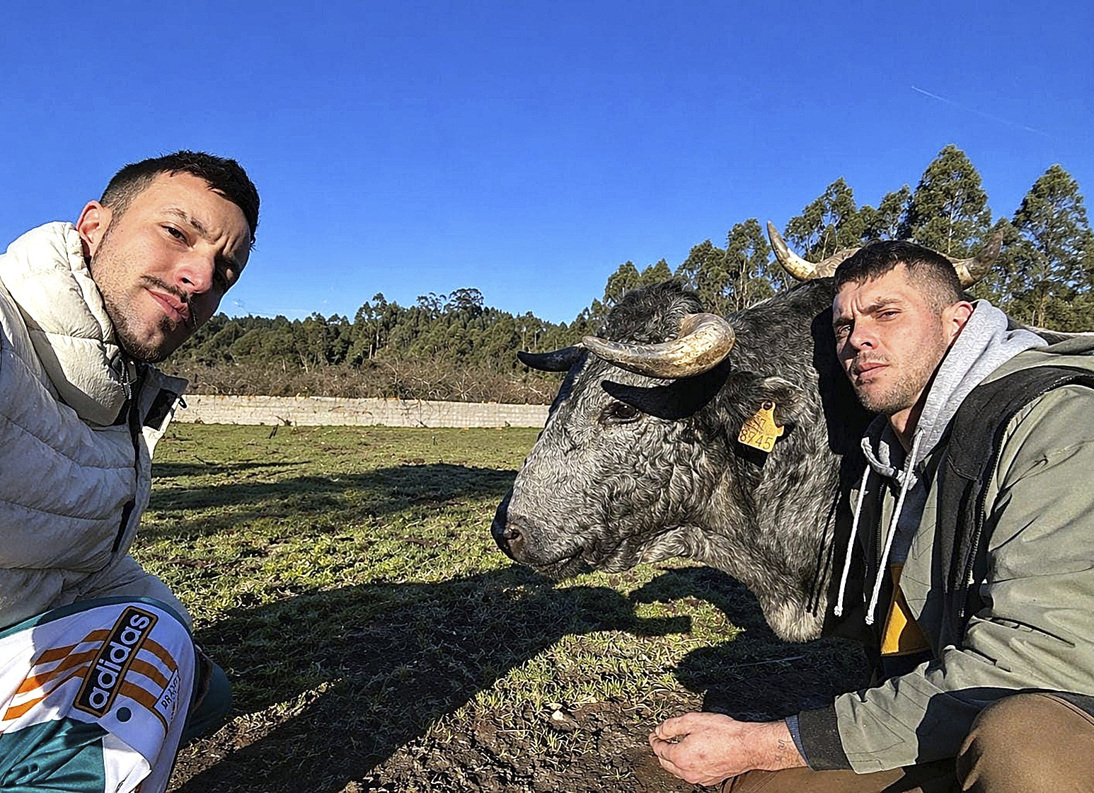 David Arroyo, a la derecha, y Edgar Soriano, junto a su toro de lidia, 'Rayo', en la finca de Oles (Asturias) donde vive el animal.