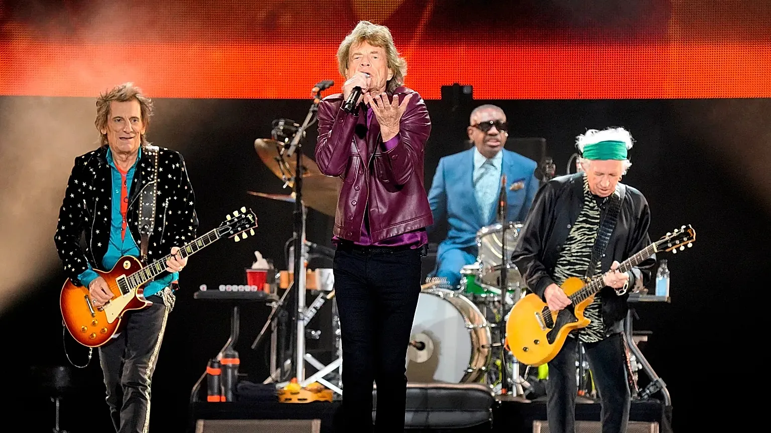 Ronnie Wood, from left, Mick Jagger, Steve Jordan, and Keith Richards of The Rolling Stones perform during the "Hackney Diamonds" tour on June 27, 2024, in Chicago.