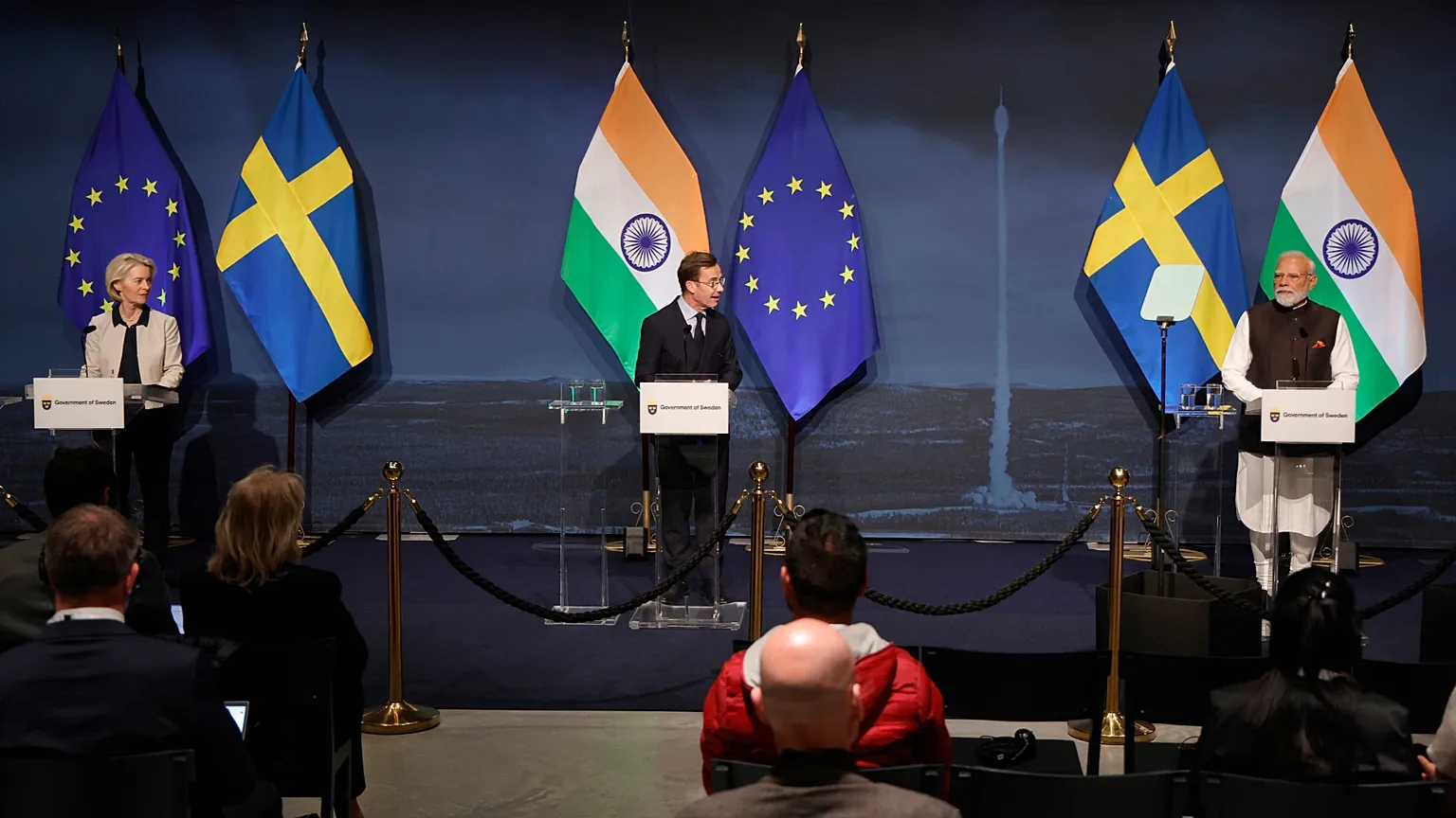 European Commission President Ursula von der Leyen, Sweden's Prime Minister Ulf Kristersson and India's Prime Minister Narendra Modi in Gothenburg, Sweden, Sunday May 17, 2026