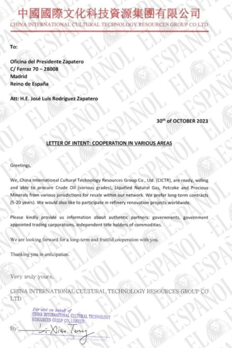 Carta de China International Cultural Technology Resources Group Co. Ltd. para Zapatero