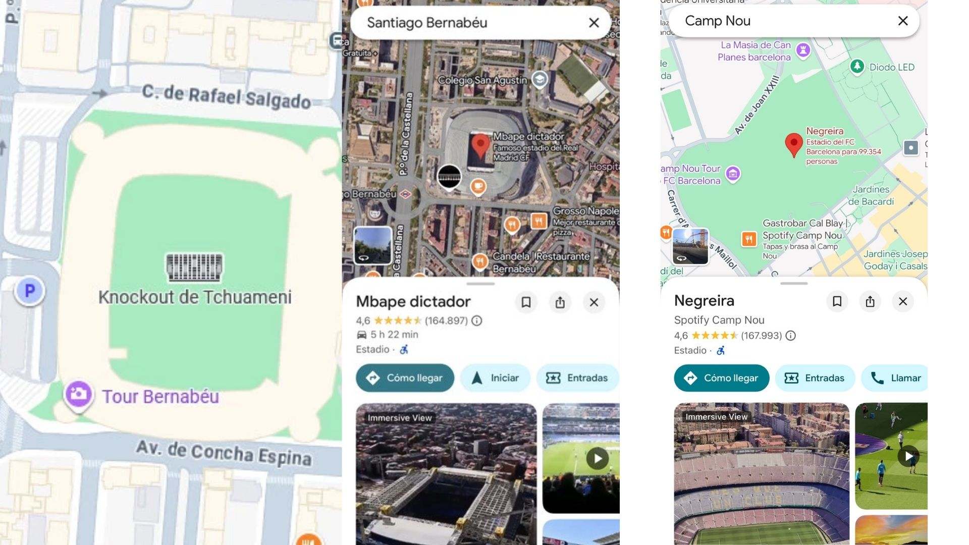 Hackean Google Maps y cambian los nombres de los estadios de fútbol del Real Madrid y Barcelona