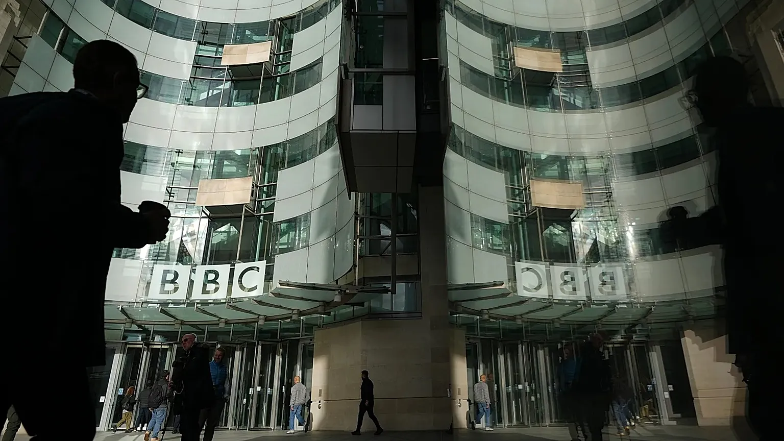 The BBC logo is displayed outside the company's headquarters in London, 12 November, 2025