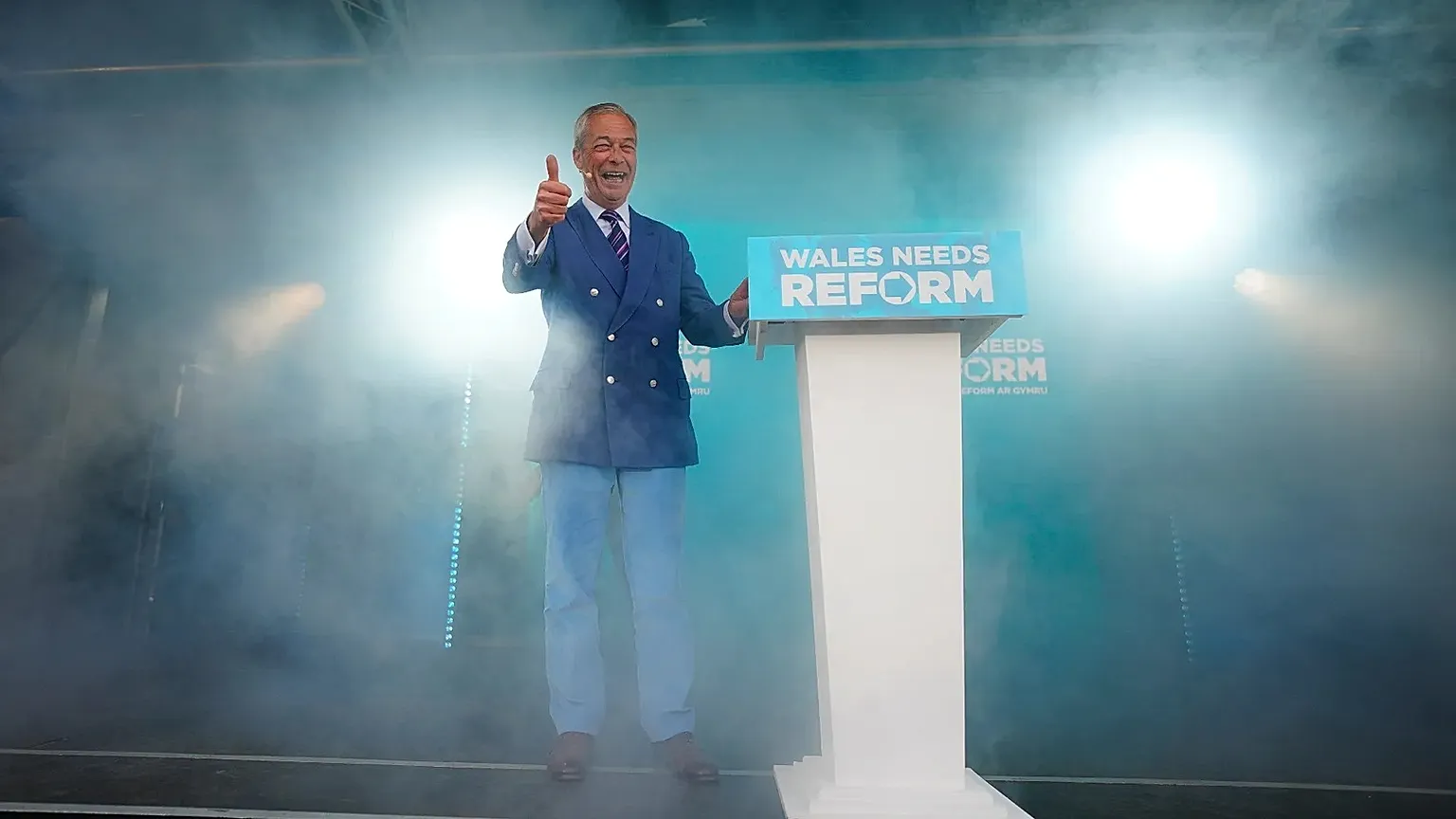 Reform UK leader Nigel Farage speaks during a rally in Merthyr Tydfil, 5 May, 2026