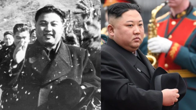 Una imagen compuesta muestra una fotografía en blanco y negro del fallecido Kim Il Sung, con un abrigo negro y un sombrero negro, junto a una fotografía en color de Kim Jong Un, con un atuendo similar, en Rusia.
