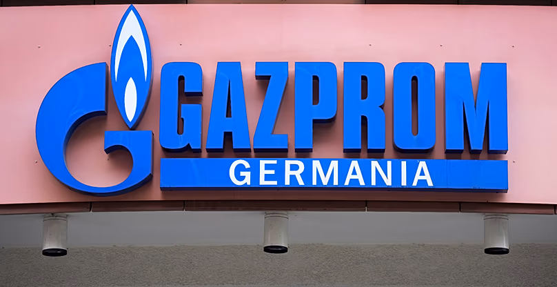 The logo of 'Gazprom Germania' is pictured at the company's headquarters in Berlin, April 6, 2022. (AP Photo/Michael Sohn)