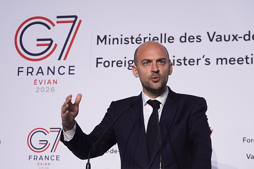 France's Foreign Affairs Minister Jean-Noël Barrot delivers a speech during a press conference at the G7 Foreign Ministers outside Paris, 27 March, 2026