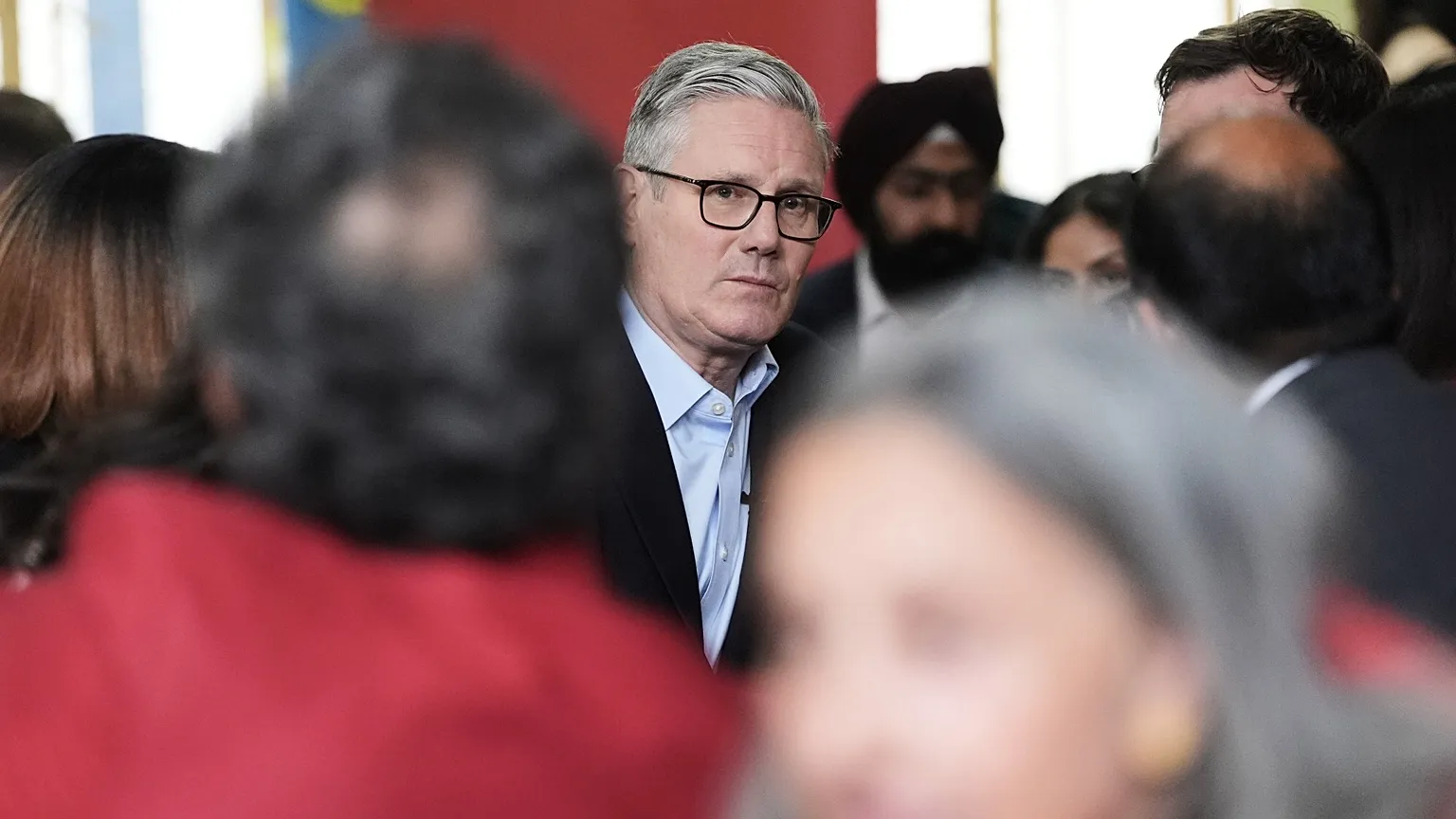 Britain's Prime Minister Sir Keir Starmer meets Labour Party members at Kingsdown Methodist Church Hall, in Ealing, west London, Friday May 8, 2026, a day after the local elec