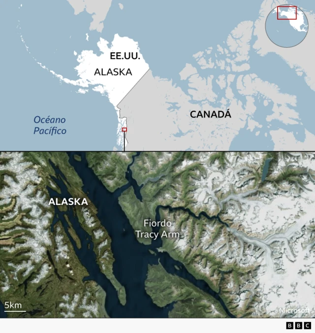 Mapa de Estados Unidos y Canadá que muestra la ubicación del fiordo Tracy Arm, en el sureste de Alaska.