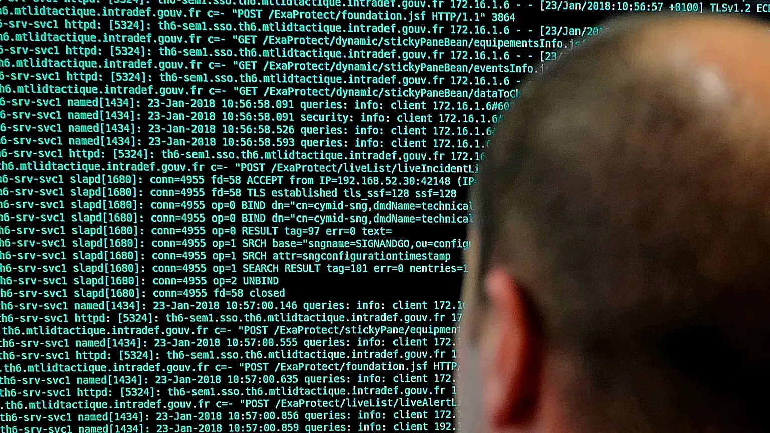 A French solider watches code lines on his computer at the defence ministry, 23 January, 2018 