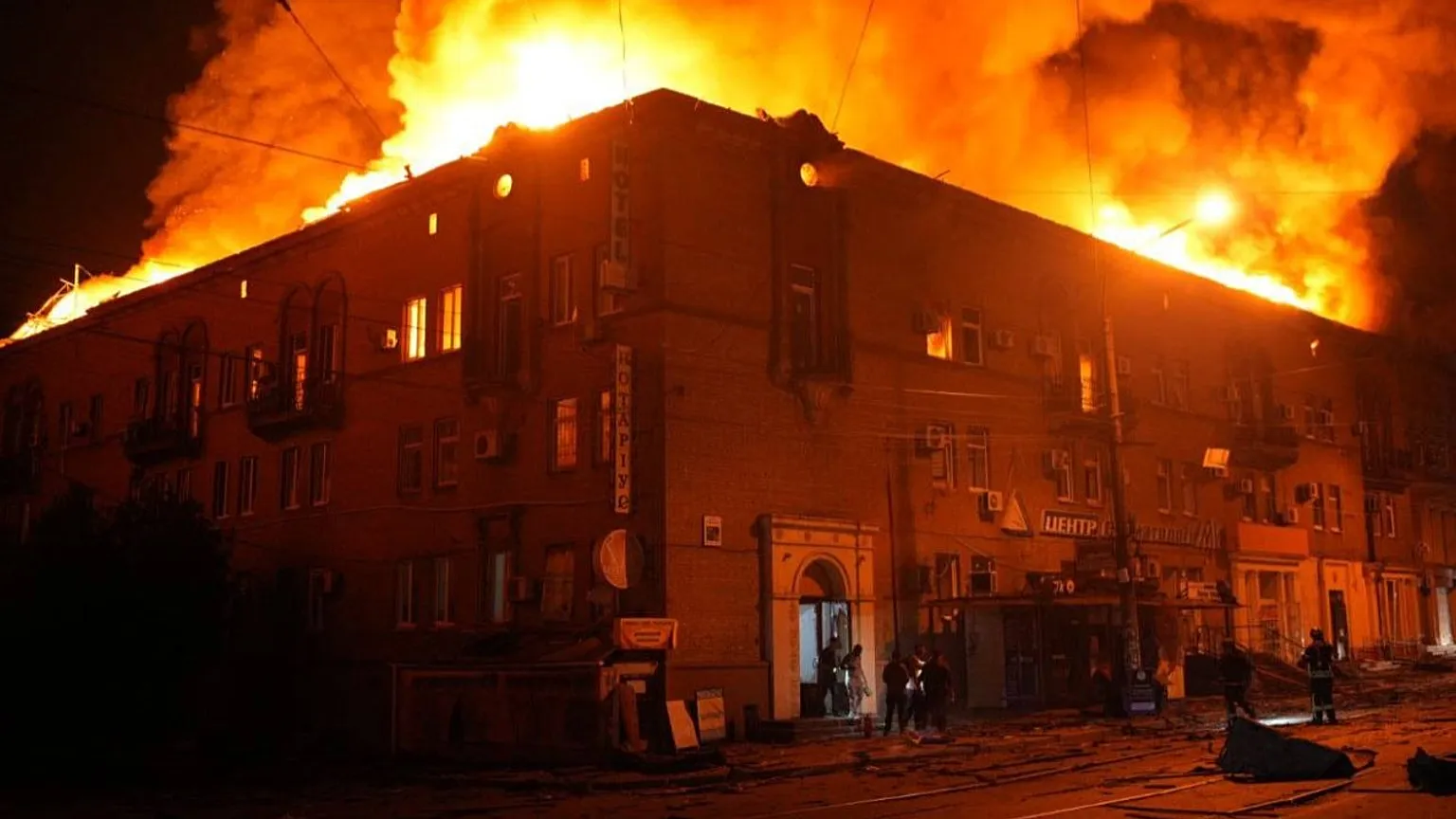 In this photo provided by the Zaporizhzhia Regional Administration on Tuesday, June 16, 2026, a building burns after a Russian strike in Zaporizhzhia, Ukraine. 