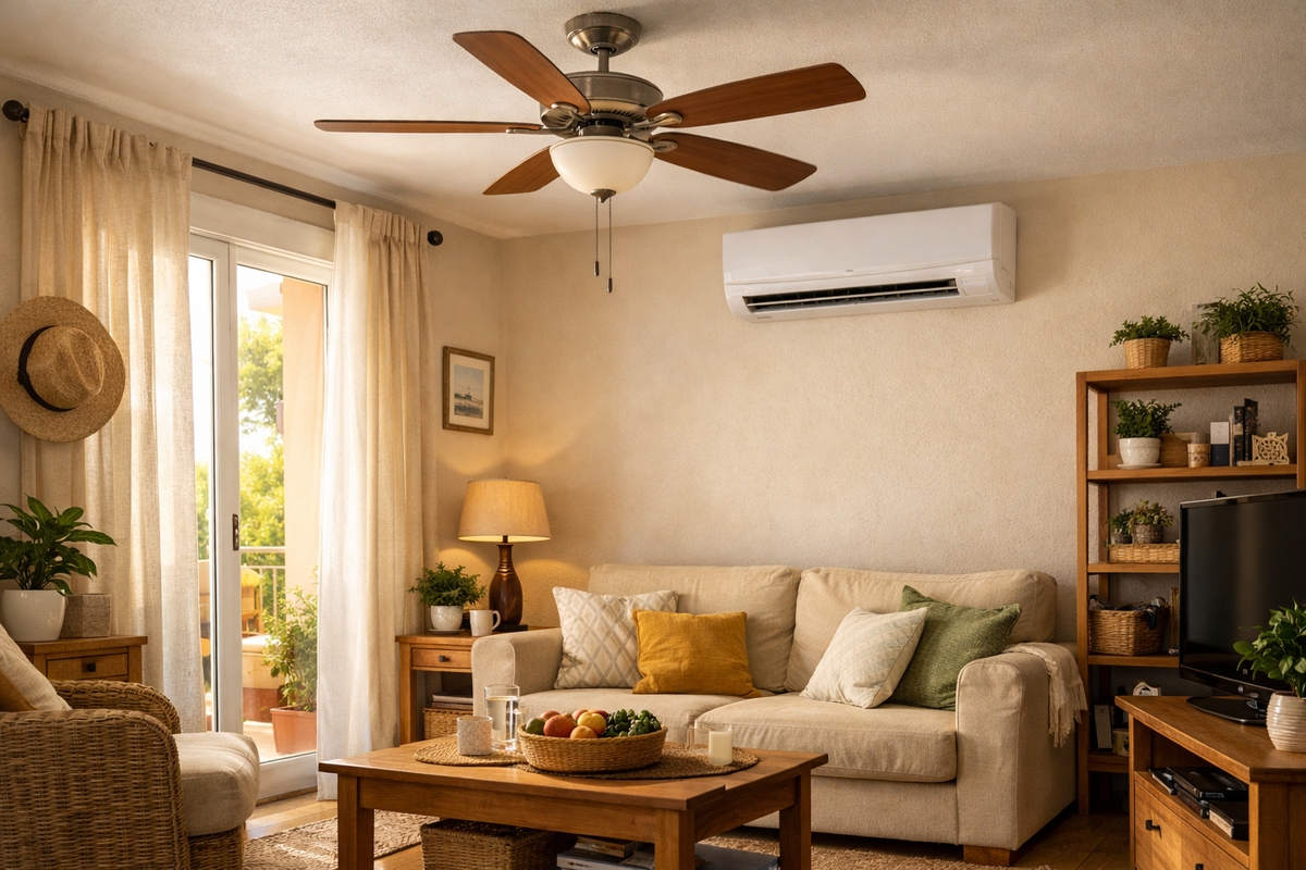 Vista de un salón acogedor con un sofá, una mesa de centro y plantas. Se observa un ventilador de techo y un aire acondicionado mural sobre una pared beige.