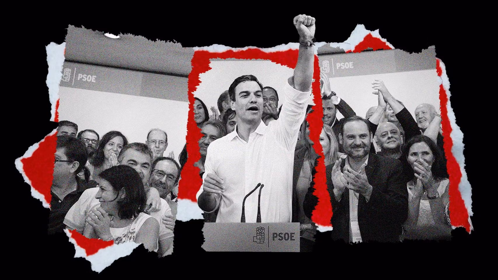 Pedro Sánchez celebra la victoria en las primarias del PSOE de 2017 rodeado del equipo que lo encumbró. 