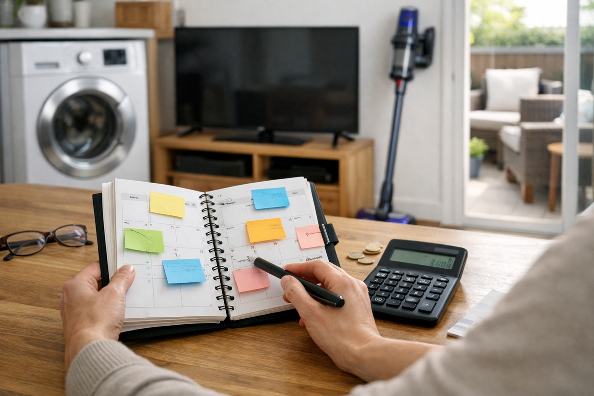 Primer plano de manos planificando compras en agenda con calculadora. Al fondo, una lavadora, televisor, aspiradora sin cable y mobiliario de terraza.