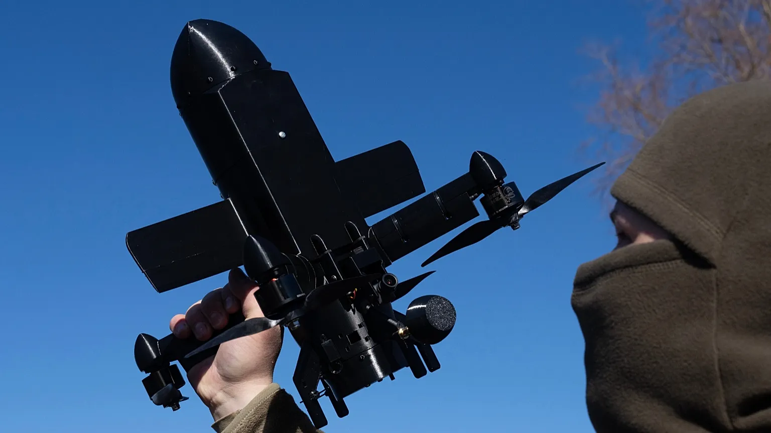 An anti-air interceptor drone designed to destroy Russian attack drones in Kyiv region, on March 11, 2026. (AP Photo/Efrem Lukatsky, File)