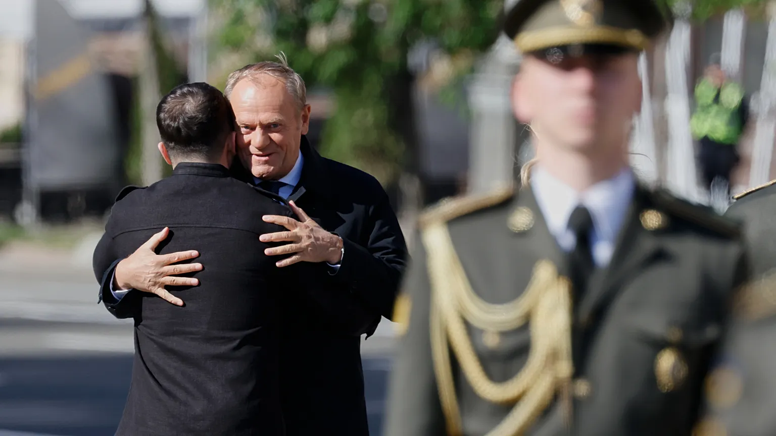 Ukraine's President Volodymyr Zelensky greets Poland's Prime Minister Donald Tusk in Kyiv, Ukraine, 10 May, 2025.