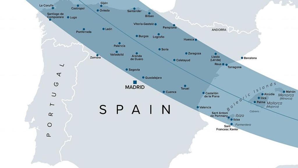 La franja de totalidad del eclipse del próximo 12 de agosto.