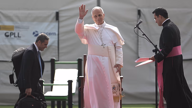 Pope Leo XIV arrives to meet migrants at the Las Raíces reception centre in San Cristóbal de La Laguna, Tenerife, Spain, on 12 June 2026.