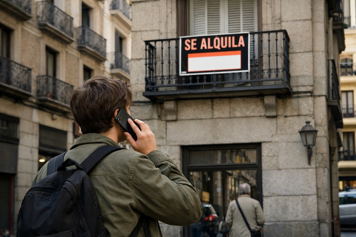 Una persona joven con mochila negra y chaqueta verde habla por teléfono móvil mientras mira un cartel de "Se alquila" en un balcón de un edificio antiguo.