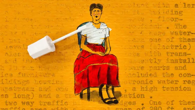Ilustración de Bette Nesmith Graham, sentada en una silla, vestida con una falda roja y una blusa pintada de blanco con el corrector. Se ve el aplicador del líquido y el fondo es una página sepia con escritos a máquina.