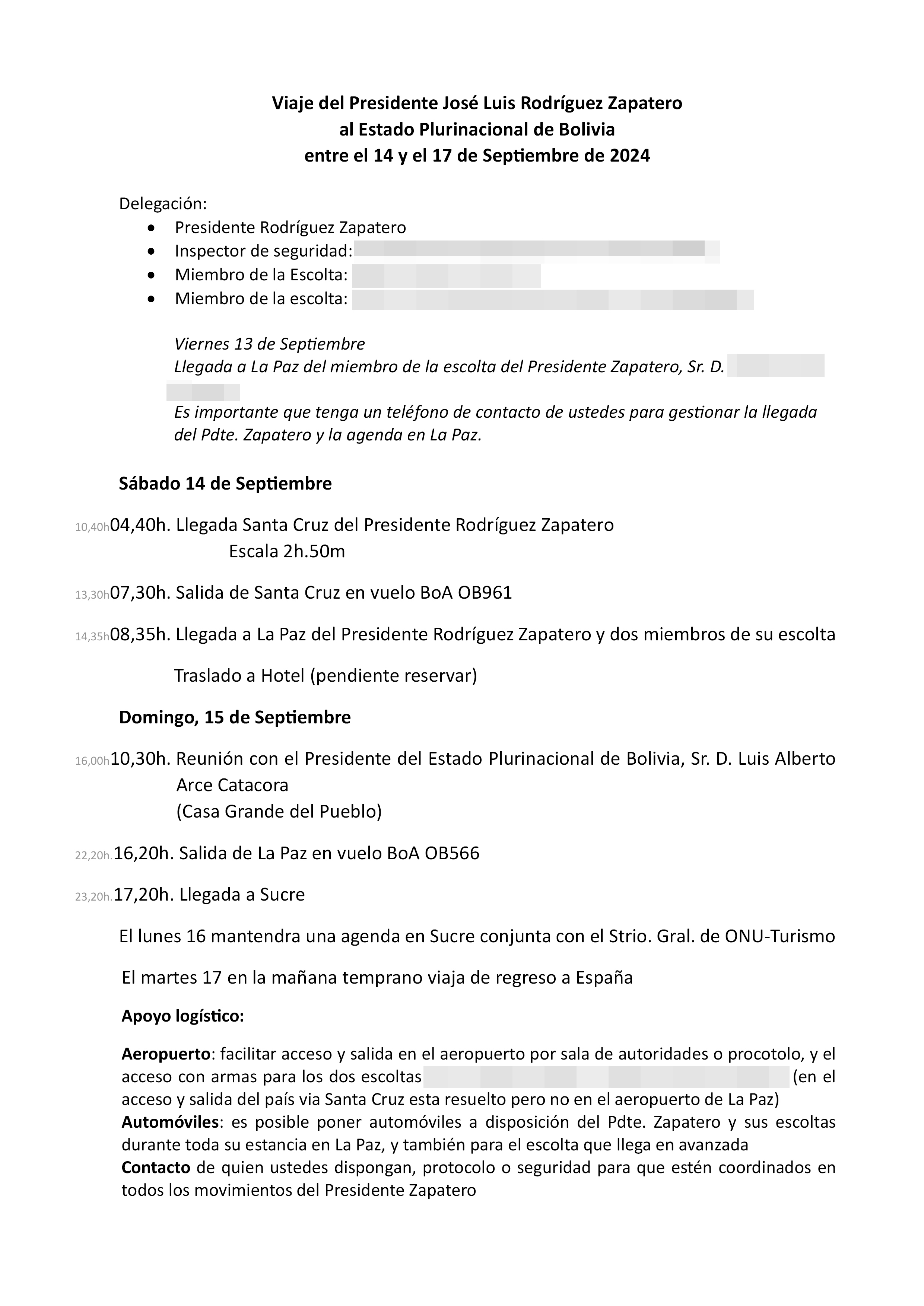 Agenda de Rodríguez Zapatero en uno de sus viajes a Bolivia incluida en la documentación incautada.