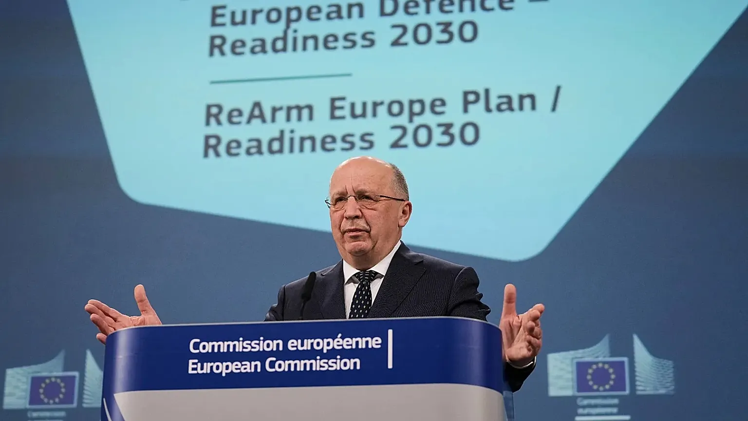 European Commissioner for Defence and Space Andrius Kubilius speaks during a media conference at EU headquarters in Brussels, Wednesday, March 19, 2025. 
