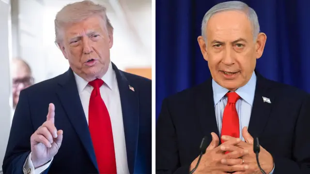 Una imagen compuesta muestra al presidente Donald Trump a la izquierda, levantando un dedo y vistiendo traje, camisa y corbata mientras habla con los periodistas. A la derecha, el primer ministro Benjamin Netanyahu también lleva traje, camisa y corbata y entrelaza los dedos mientras habla durante una conferencia de prensa.