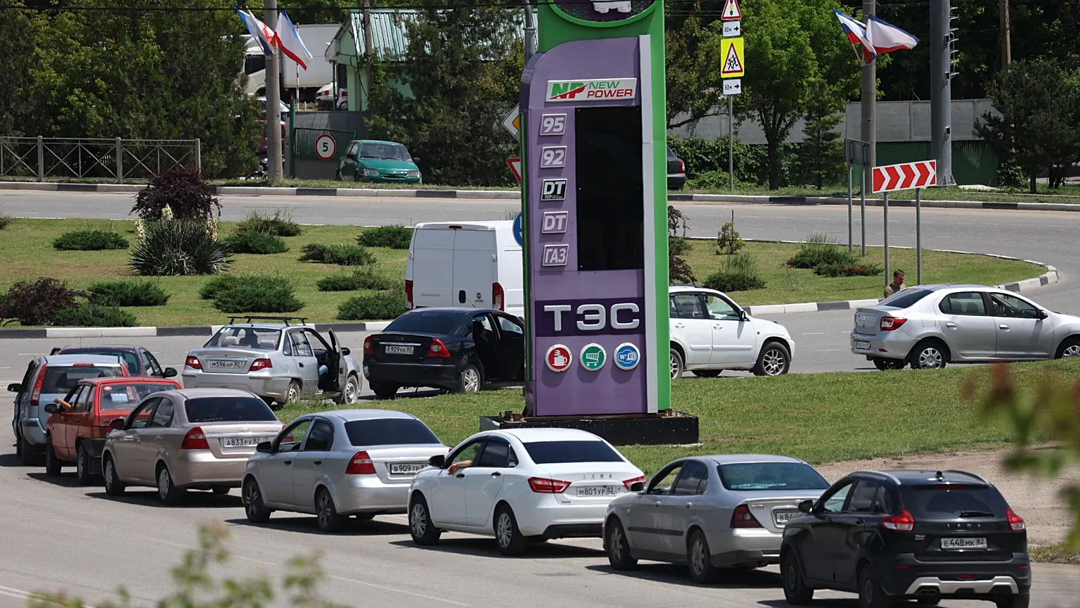 Cars line up at a petrol station in Simferopol, Crimea, Friday, June 12, 2026.