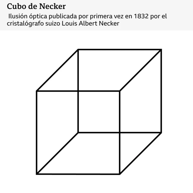 Un dibujo de líneas que parece un cubo transparente visto en perspectiva, pero el cerebro puede interpretarlo de dos maneras distintas, haciendo que la cara frontal y la trasera parezcan intercambiarse