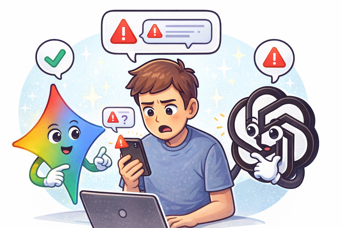 Ilustración de una persona mirando su celular, con los logos animados de Gemini y ChatGPT a su lado ayudándole.