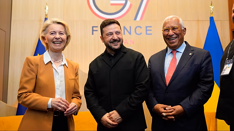 Ursula von der Leyen, Volodymyr Zelenskyy and Antonio Costa at the G7 summit.