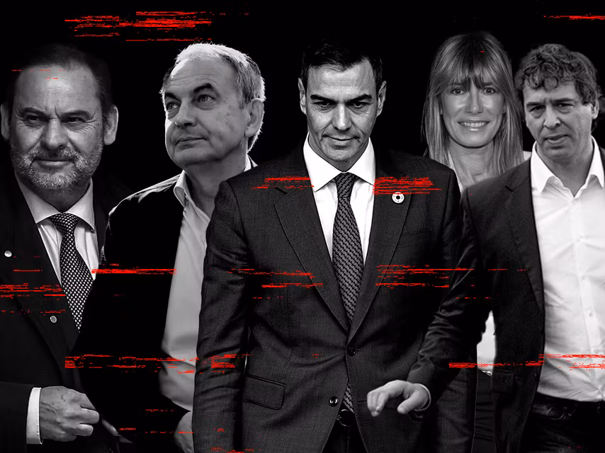 José Luis Ábalos, el expresidente José Luis Rodríguez Zapatero, Pedro Sánchez, Begoña Gómez y David Sánchez.