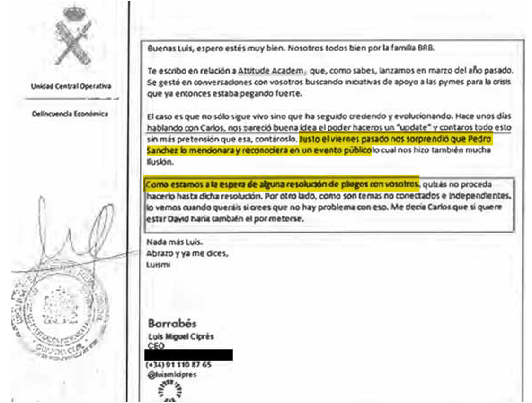 Documento en el que Barrabés da cuenta al funcionario que valoraba su oferta, Luis Prieto, y le propone una reunión