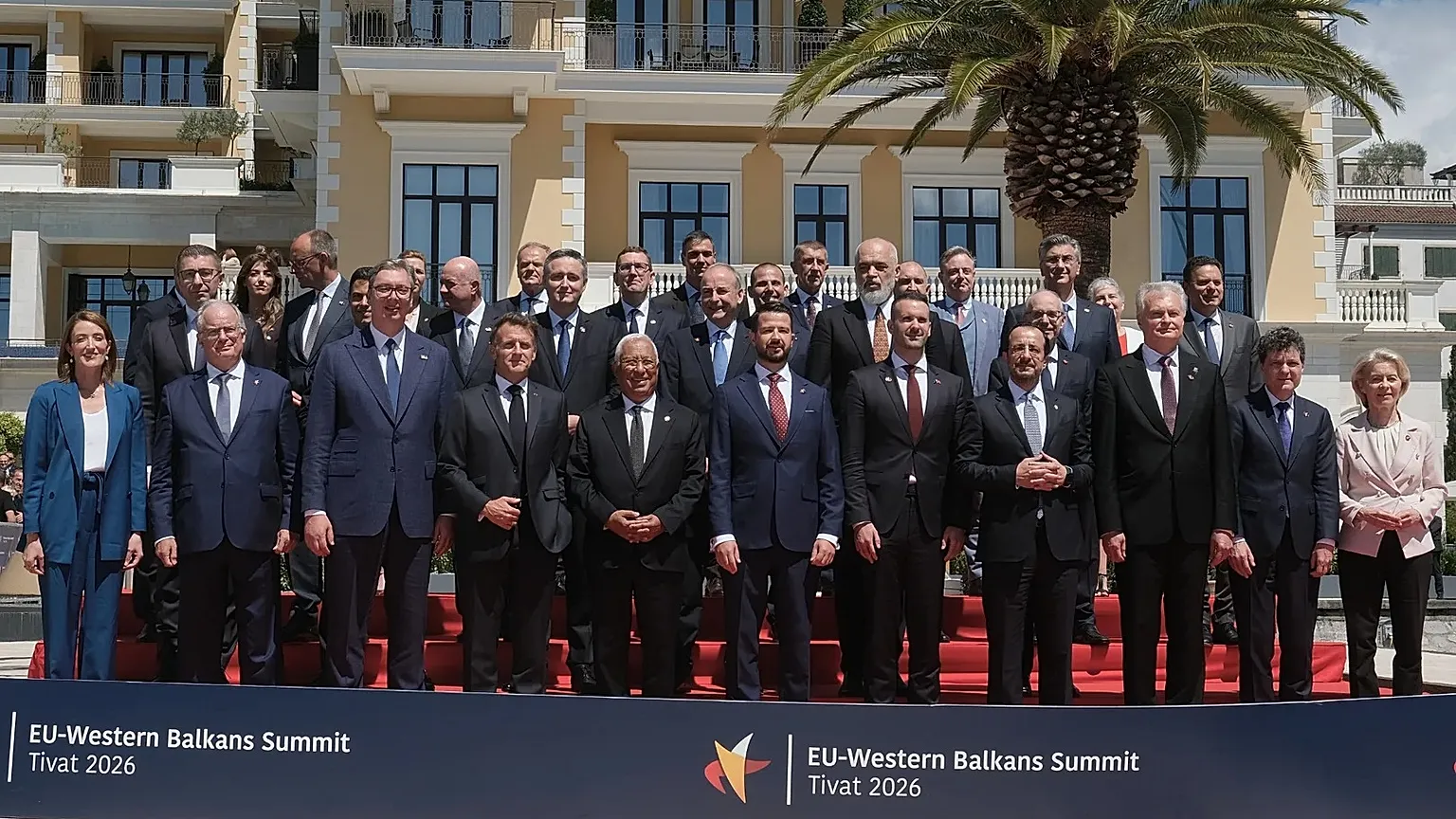 U leaders and officials from the candidate countries pose for the family photo of the EU-Western Balkans summit in the Montenegrin coastal town of Tivat, Friday, June 5, 2026.