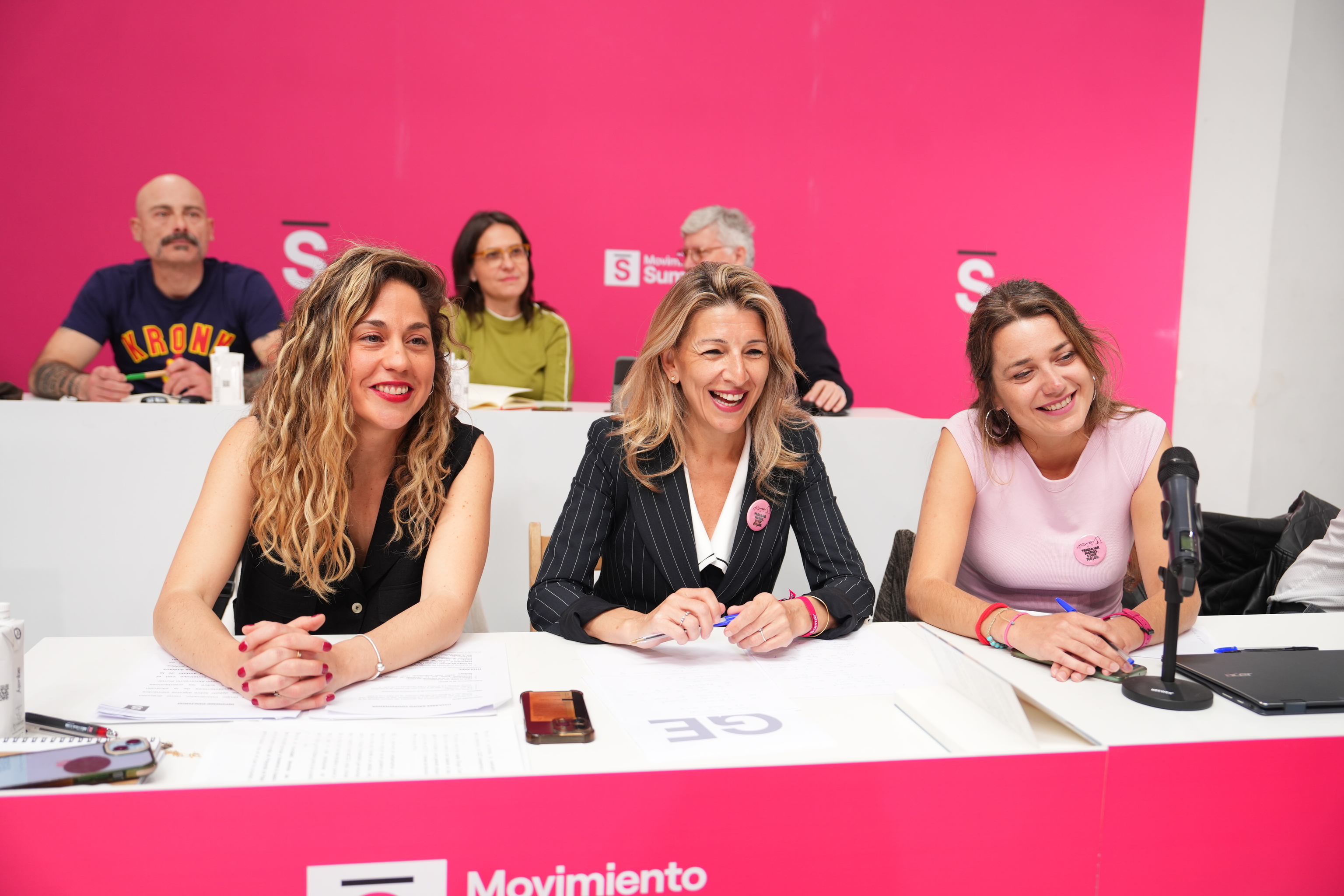 Lara Hernández, Yolanda Díaz y Laura Moreno, en una reunión de la dirección de Movimiento Sumar.