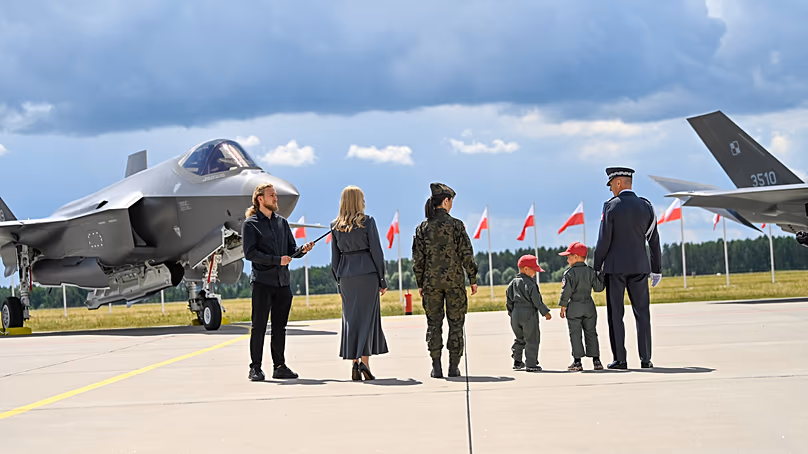 Symbolic christening of F-35 fighter aircraft.