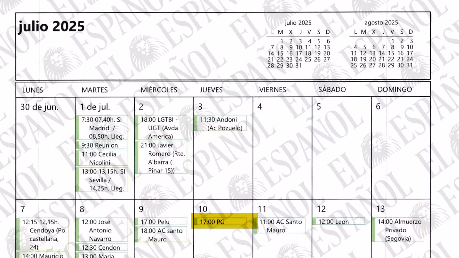 Anotación PG el día 10 de julio de 2025 en la agenda de José Luis Rodríguez Zapatero