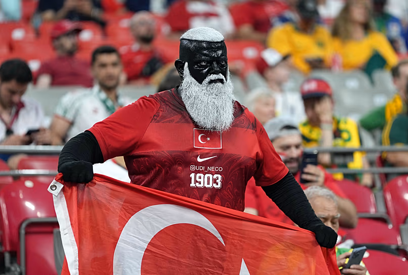 A Turkey fan before the World Cup Group D football match between Australia and Turkey in Vancouver, British Columbia, Saturday, June 13, 2026.