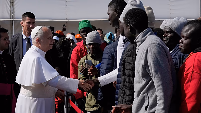 Pope Leo XIV greets attendees as he arrives for a meeting with migrants in San Cristóbal de La Laguna, Tenerife, Spain, on Friday 12 June 2026.