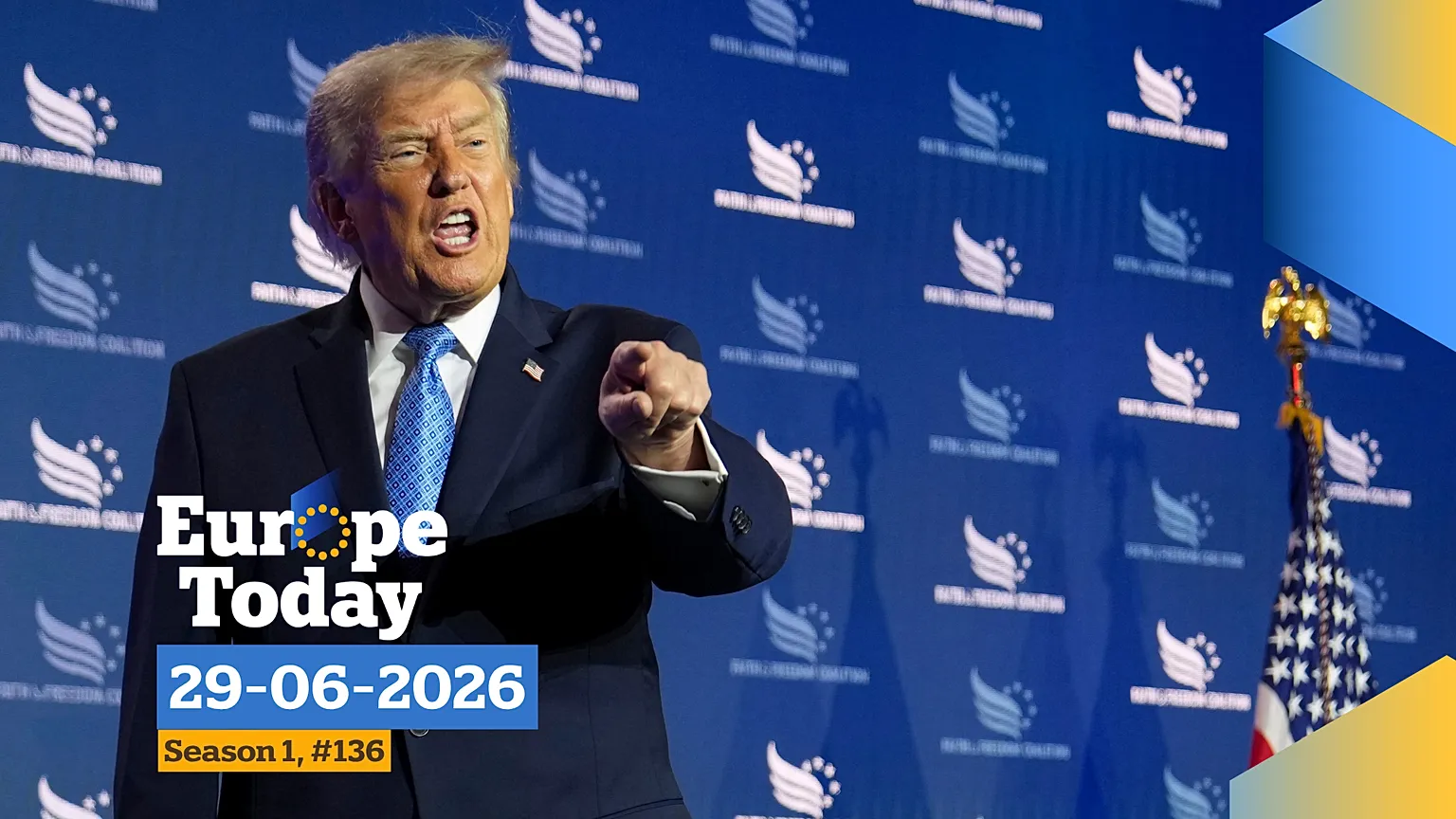 President Donald Trump addresses the crowd as he departs after speaking at the Faith &amp; Freedom Coalition's policy conference at the Washington Hilton, Friday, June 26, 2026.