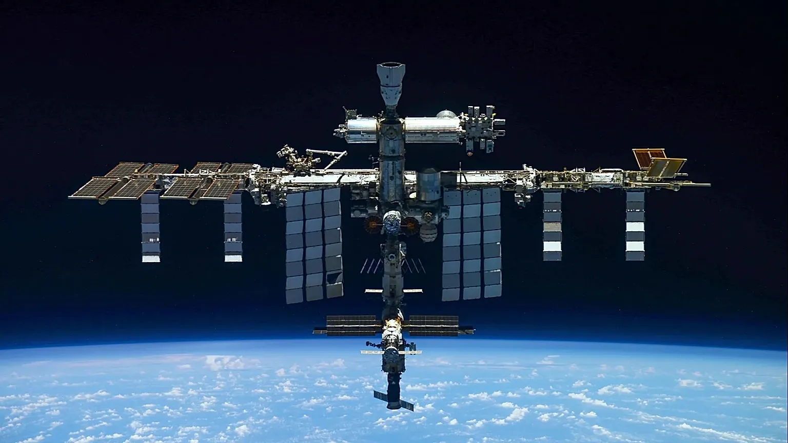The International Space Station seen from a Russian Soyuz MS-19 spaceship, 30 March, 2022