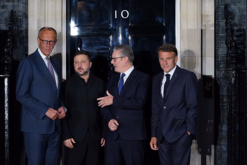 Friedrich Merz, Volodymyr Zelenskyy, Keir Starmer and Emmanuel Macron on the doorstep of 10 Downing Street in London, 7 June, 2026