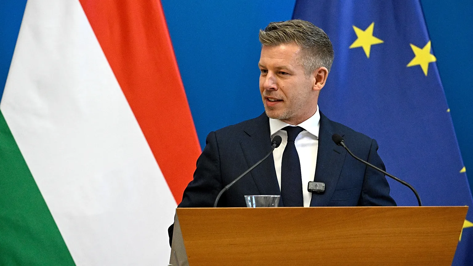Hungarian Prime Minister Peter Magyar speaks during a joint a press conference with Irish Prime Minister Micheal Martin following their meeting in the Ministry of Foreign Affa
