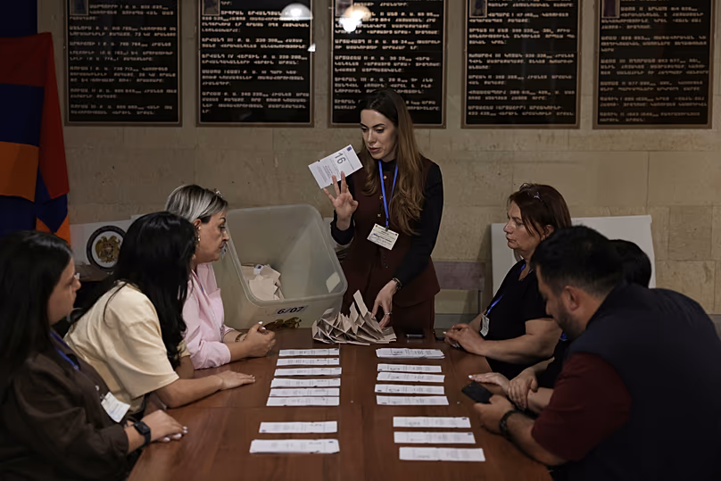 Election commission members prepare to count ballots at a polling stations during a parliamentary elections in Yerevan, 7 June, 2026