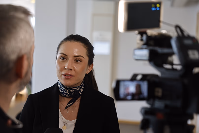 Defence lawyer Martina Michaelsdotter Olsson interviewd by journalists at the court in Harnosand, 10 April, 2026
