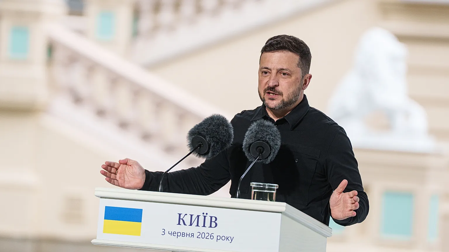 Ukraine's President Volodymyr Zelenskyy speaks to journalists during a joint press conference with NATO Secretary General Mark Rutte in Kyiv, Ukraine, on Wednesday, 3June.